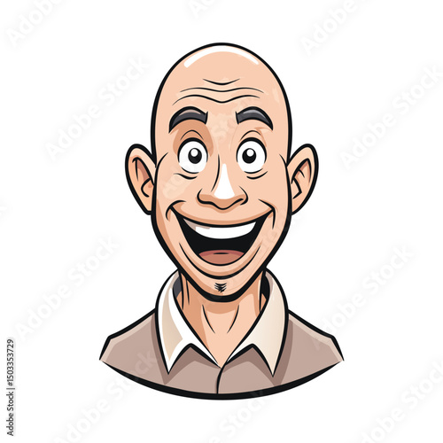 Bald cartoon man smiles broadly with wide eyes and wears a neutral collared shirt