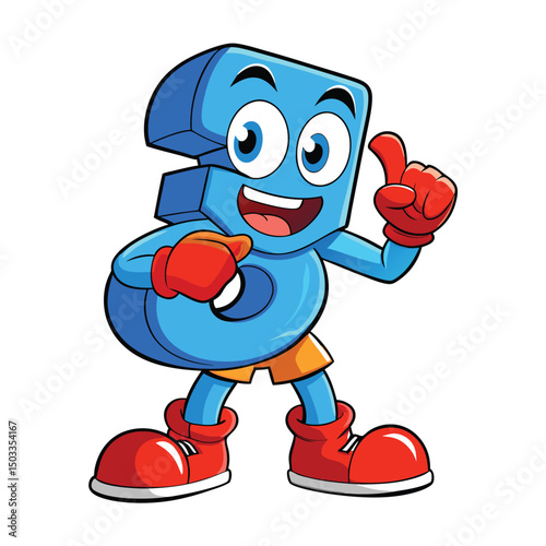 Blue number six cartoon character cheerfully shows the first finger of his hand