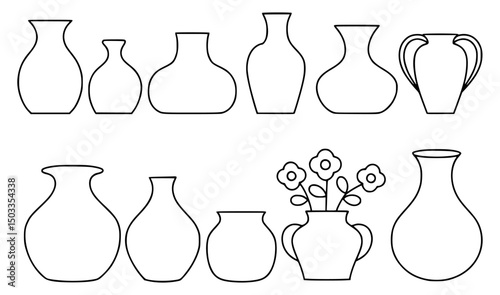 Line art illustration of various decorative vases and a vase of flowers