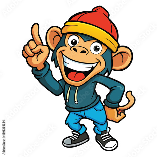 Cartoon ape character in cap and hoodie points upward cheerfully, isolated against a white backdrop