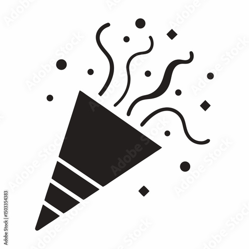 Black and white celebration icon with confetti and party popper for festive occasions