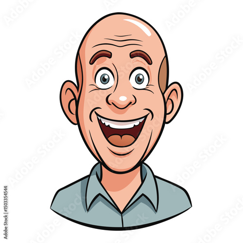 Cartoon bald man enthusiastically smiles, wearing a blue shirt and looking forward