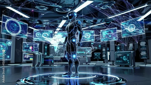 Futuristic AI Robot with Holographic Data Networks in High-Tech Control Center