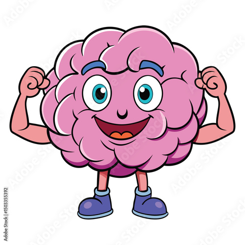 Cartoon brain character confidently flexes muscles displaying its cognitive strength and resilience