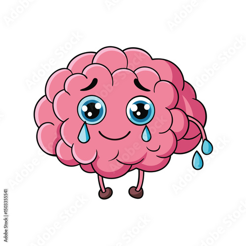 Cartoon brain character expresses sadness with large tears rolling down its pink, puffy exterior