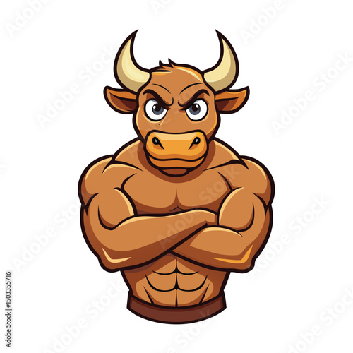 Cartoon bull with crossed arms looks fiercely with a buff muscular build