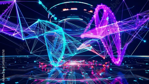 Futuristic Digital Network Visualization with Glowing Neon Connections and AI Data Flow Animation