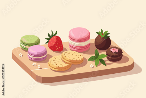assorted macarons and cookies with strawberries on wooden cutting board, sweet and colorful dessert