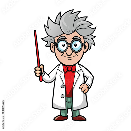 Cartoon Caucasian scientist wearing spectacles holds a pointer and smiles cheerfully on transparent background