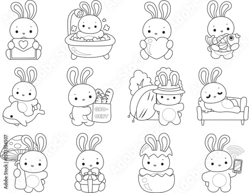 Outline of Illustration of cute bunny icon.
Lineart of Funny rabbit in daily activities elements.