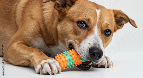 Dog chewing on colorful chew toy while lying on a white surface  