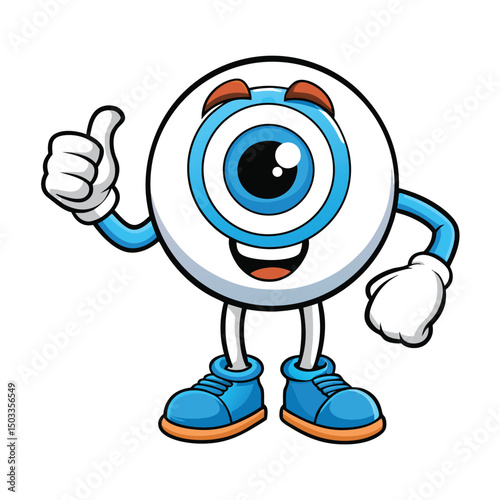 Cartoon eyeball character in blue shoes gives thumbs up with a big smile