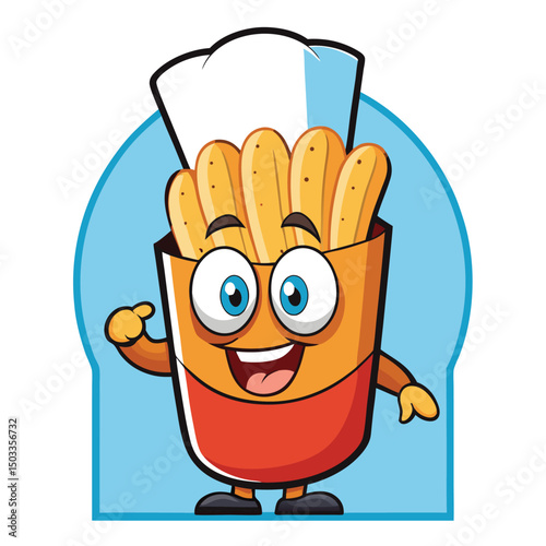 Cartoon french fry box character wearing chef hat smiles and cheerfully waves his hand