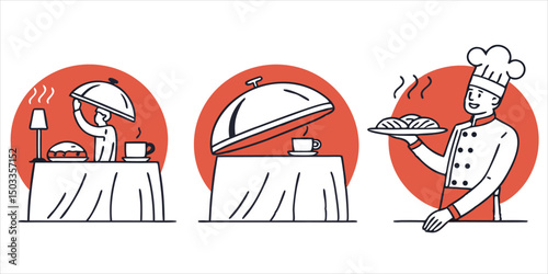 Chef and table with a covered meal, elegant restaurant illustration