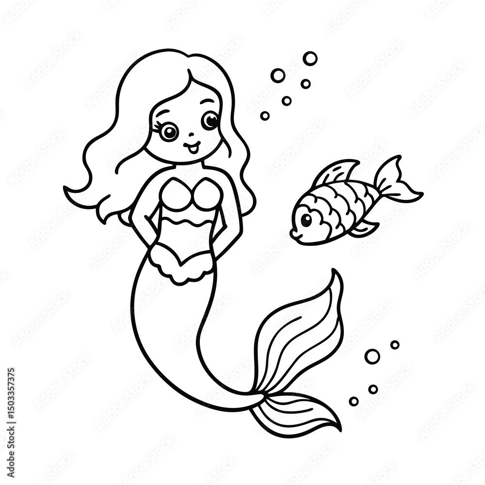Obraz premium cute mermaid coloring page with fish and seaweed