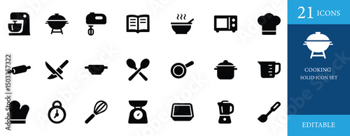 Cooking icon set. A collection of solid black kitchen icons including pot, pan, spoon, chef hat, blender, timer, recipe book, whisk, and utensils. Perfect for food apps, menus, and culinary projects