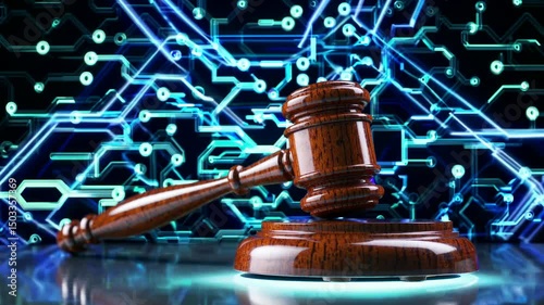 Digital Law and Justice Concept - Wooden Judge Gavel on Futuristic Circuit Board Background with Glowing Technology Networks