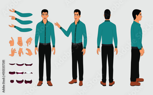 Professional Male Character in Shirt and Trousers Turnaround Sheet for 2D Vector Animation, Front, Back And Side Views, Realistic 2D Character 