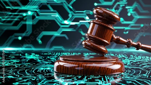 Digital Justice: Wooden Gavel on Futuristic Circuit Board Background - Legal Technology Concept