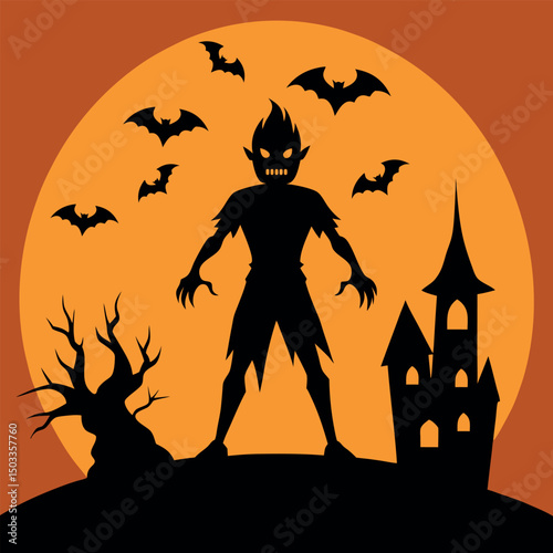 Spooky Halloween Night with Scary Creature and Castle Silhouette