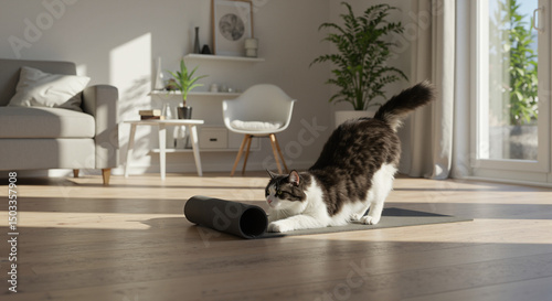 Playful cat stretching on yoga mat in sunny living room