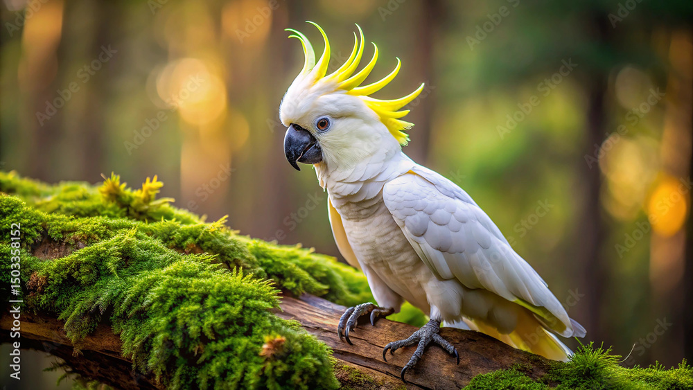 Sulphur-crested cockatoo perched on mossy branch in forest Sulphur-crested cockatoo perched on mossy branch in forest
