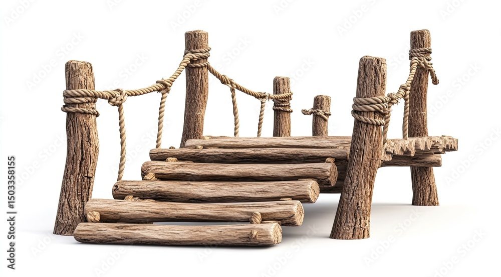 Obraz premium Rustic wooden bridge with rope railing (1)