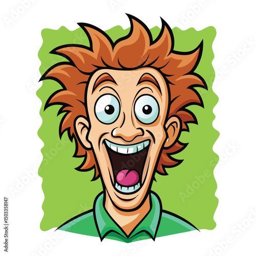 Cartoon man with spiky hair, wide open mouth, and crazy eyes appears joyful