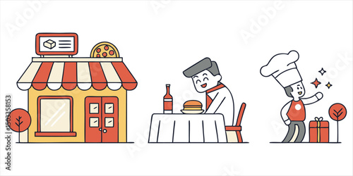 Restaurant illustration set, chef with pizza and building design