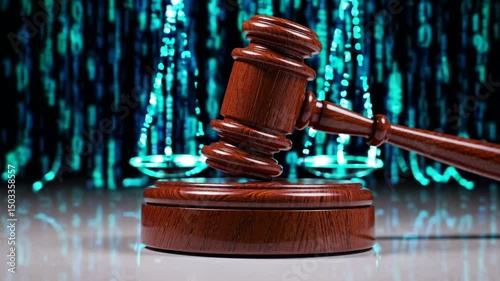 Judge's Gavel with Digital Data Stream Background - Legal Technology and Cyber Law Concept