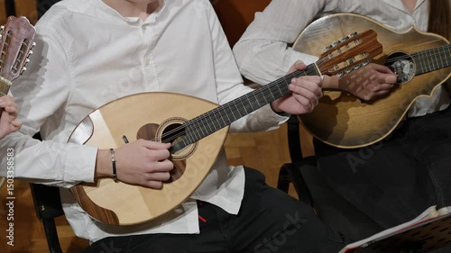 Musicians Playing Traditional Dalmatian Mandolins in slow motion in Croatia During a Live Performance, Close-up