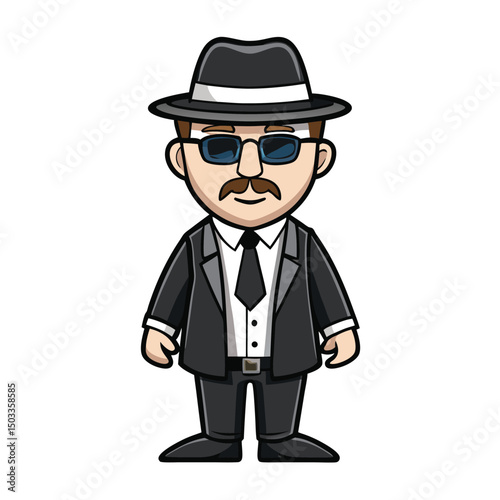 Cartoon mobster stands wearing a hat, sunglasses and dark suit with transparent background