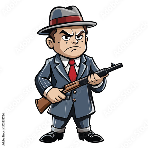 Cartoon mobster with an angry face is holding a shotgun in a pinstripe suit