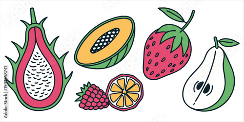 Fruit slices illustration, set of dragon fruit and papaya with raspberry and pear