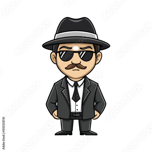 Cartoon mobster with black suit and hat stands confidently on a transparent background