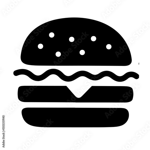 A black and white illustration of a hamburger, showing three layers and sesame seeds.