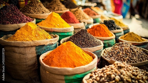 Vibrant Spice Market Colorful Turmeric, Chili and Pepper in Burlap Sacks, Indian Bazaar, Spice Trade ,India, Spices