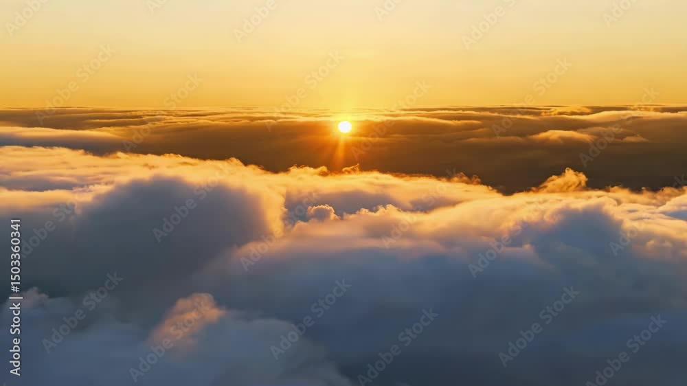 Golden sunrise illuminating fluffy cloud layer in peaceful morning sky. The warm sunlight creates dramatic lighting across the expansive cloudscape below