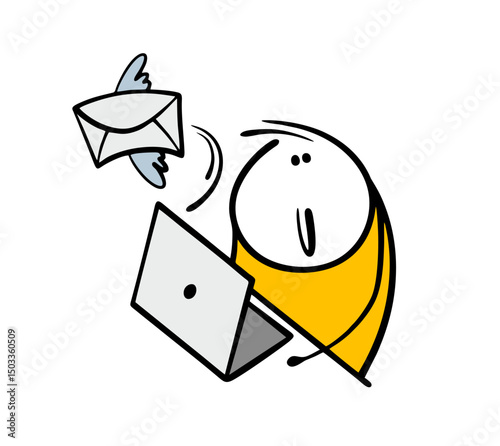 Cartoon funny office manager sits in front of a laptop and receives an email. Vector illustration of an envelope with wings flying out of a computer, an e-mail message.