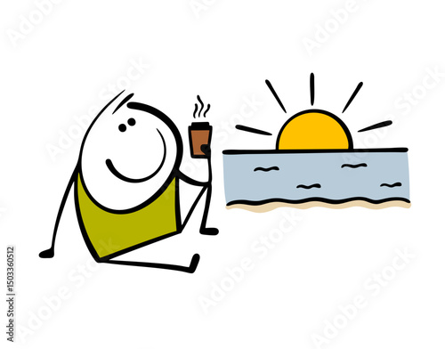 Happy man sits on the shore of the sea or ocean meets the dawn with hot coffee. Vector illustration of harmony and delicious drink, complete relaxation.