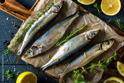 Fresh pacific saury with herbs and lemons on wooden board photo