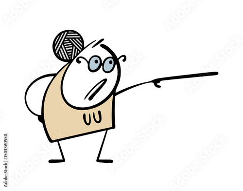 Strict elderly woman points the direction with a stick. Vector illustration of an old woman with glasses and a bunch of gray hair swearing and drawing attention to important information.