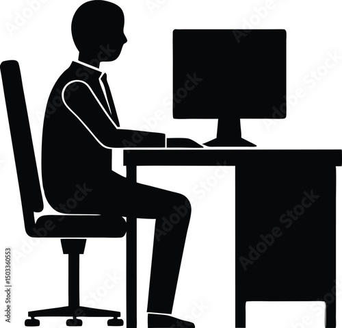 silhouette of office worker on computer,  silhouette of a man working on a computer