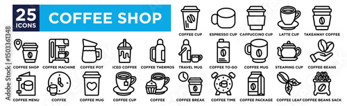 Coffe shop icon collection set. Containing design Coffee Cup, Espresso Cup, Cappuccino Cup, Latte Cup, Takeaway Coffee,
