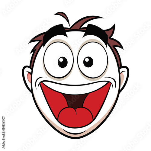 Cartoonish character with enormous smile showcases teeth and tongue happily while having brown hair