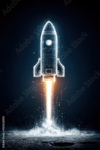 Digital blueprint of a rocket launching in a futuristic style