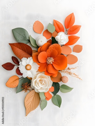 Autumnal Paper Flower Arrangement on White Wooden Background photo