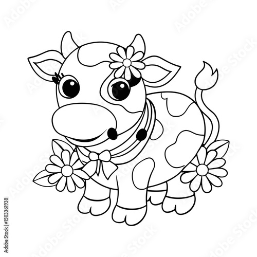 Cow with Flowers Around Its Neck Kids Coloring Page Vector