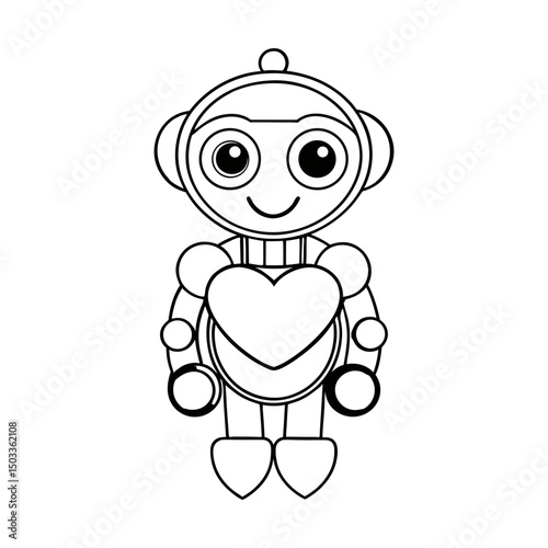 Cute Robot Holding a Heart Kids Coloring Page Vector