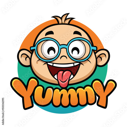 Cartoonish kid face with glasses shows tongue with Yummy text below, vibrant colors